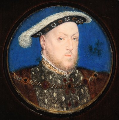 هنري الثامن يرتدي صدرية رمادية وثوب فرو (مرحاض & لون الجسم على الرق) بواسطة Lucas Horenbout أو Hornebault